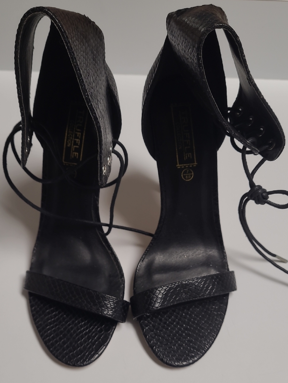 Truffle Collection Black Lace-Up Black Snakeskin Stiletto Heels Sandals